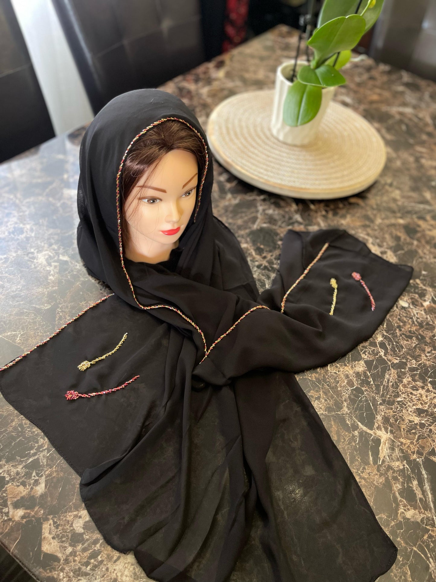 Elegant chiffon handemade beads hijab (BLACK)