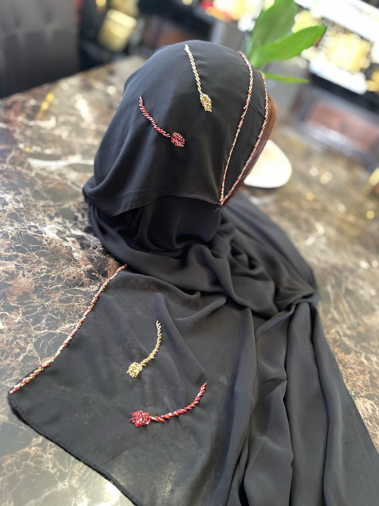 Elegant chiffon handemade beads hijab (BLACK)