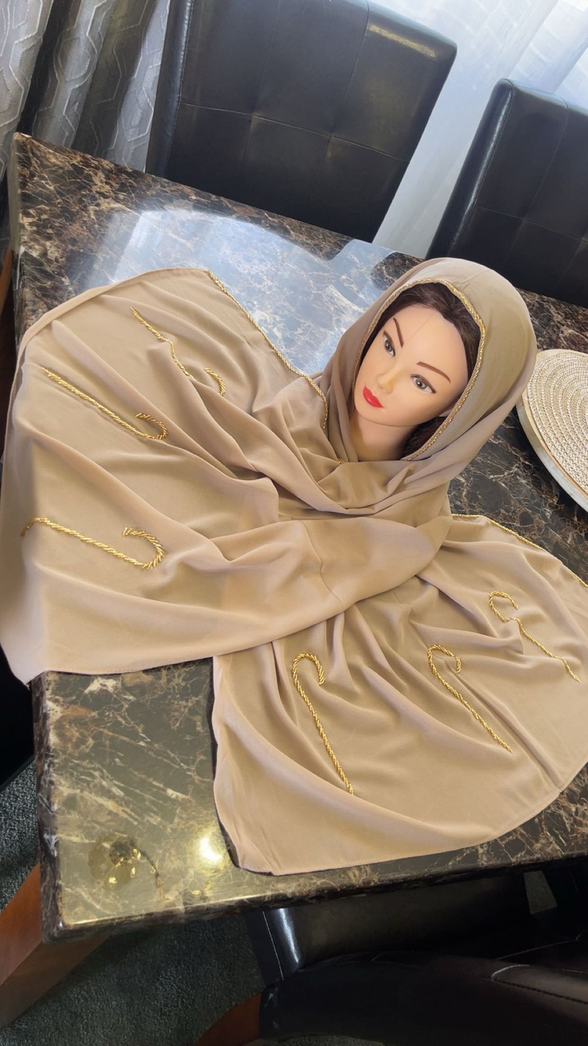 Elegant chiffon handemade beads hijab (beige)￼