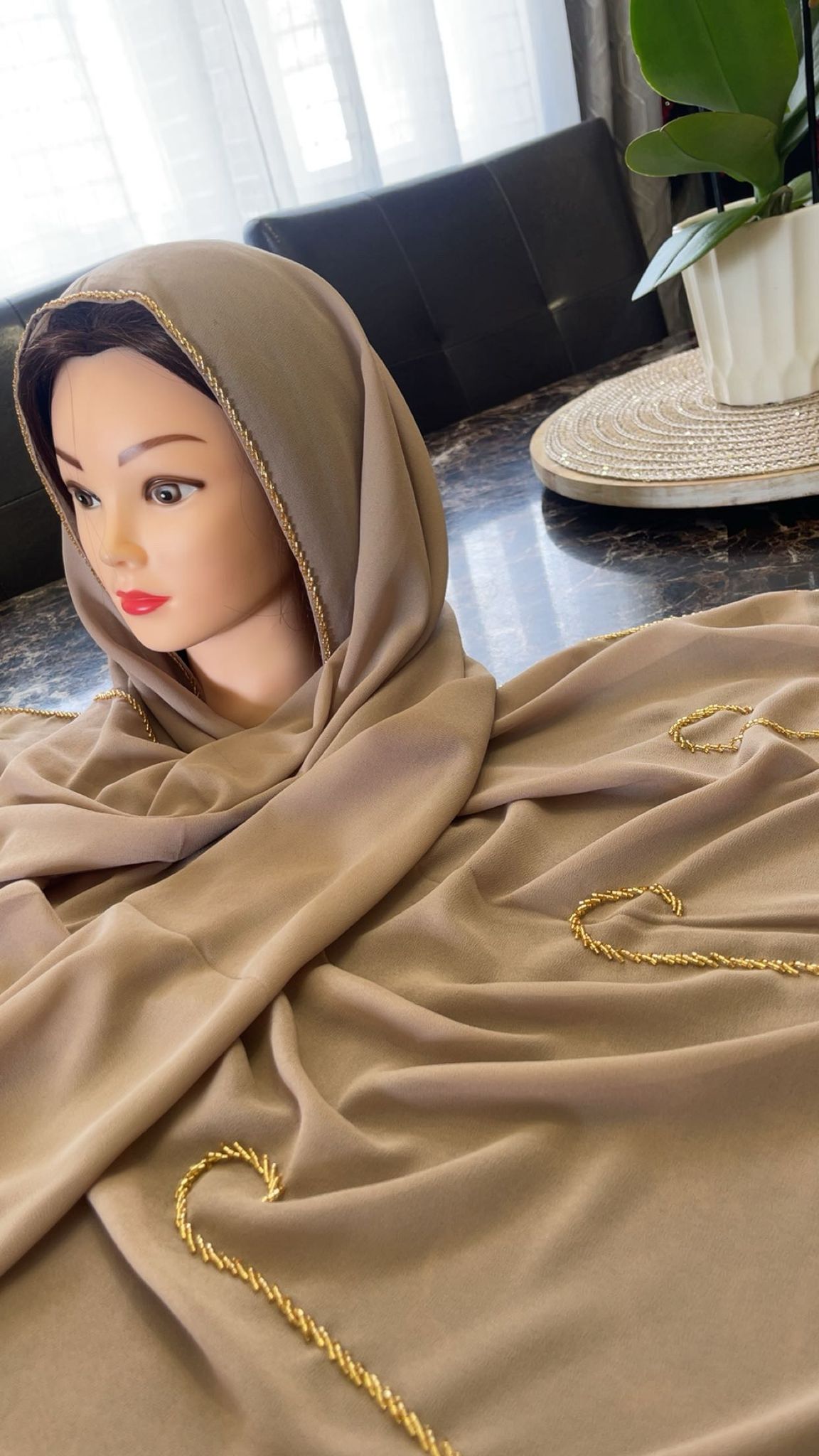 Elegant chiffon handemade beads hijab (beige)￼