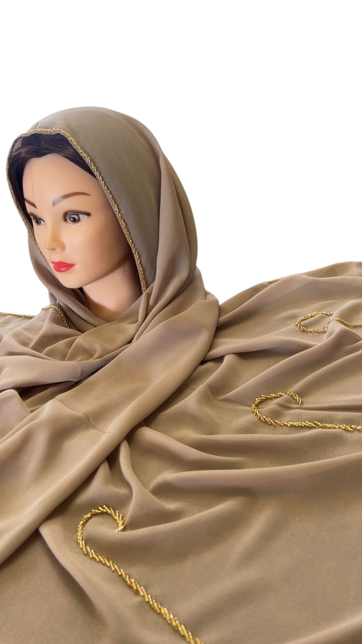 Elegant chiffon handemade beads hijab (beige)￼